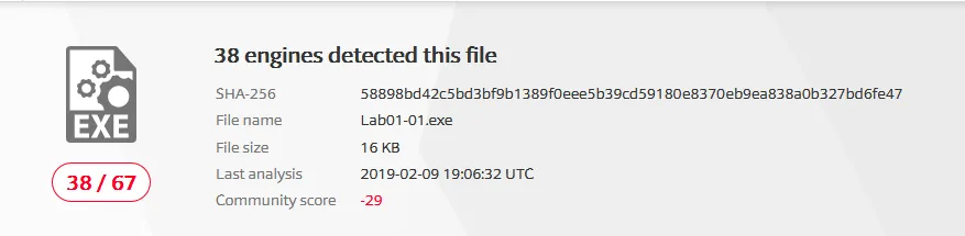 Virus total analysis of our file