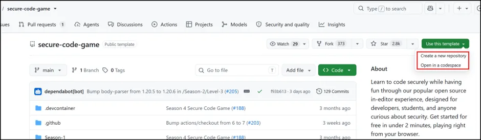 Snip showing codespace option