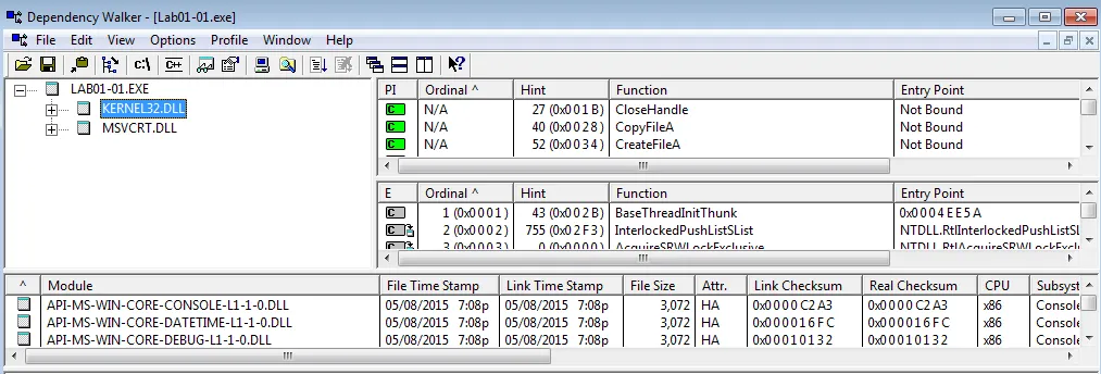 Dependency Walker O/P for our sample