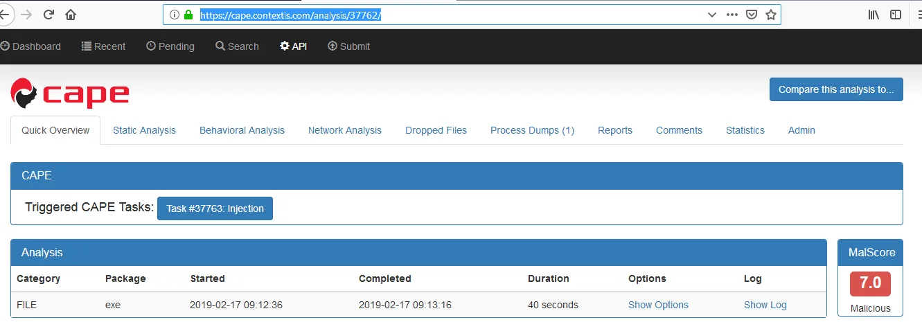 CAPE sandbox result of malicious file