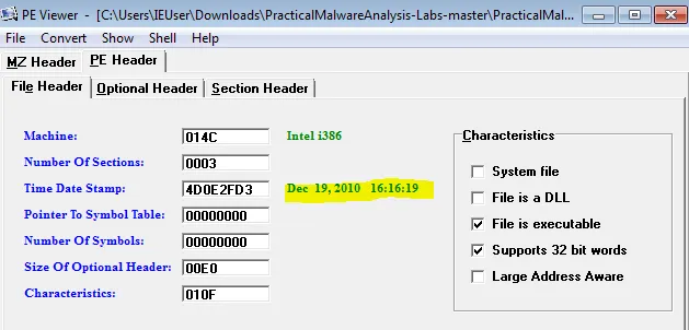 PE header Information of Sample file